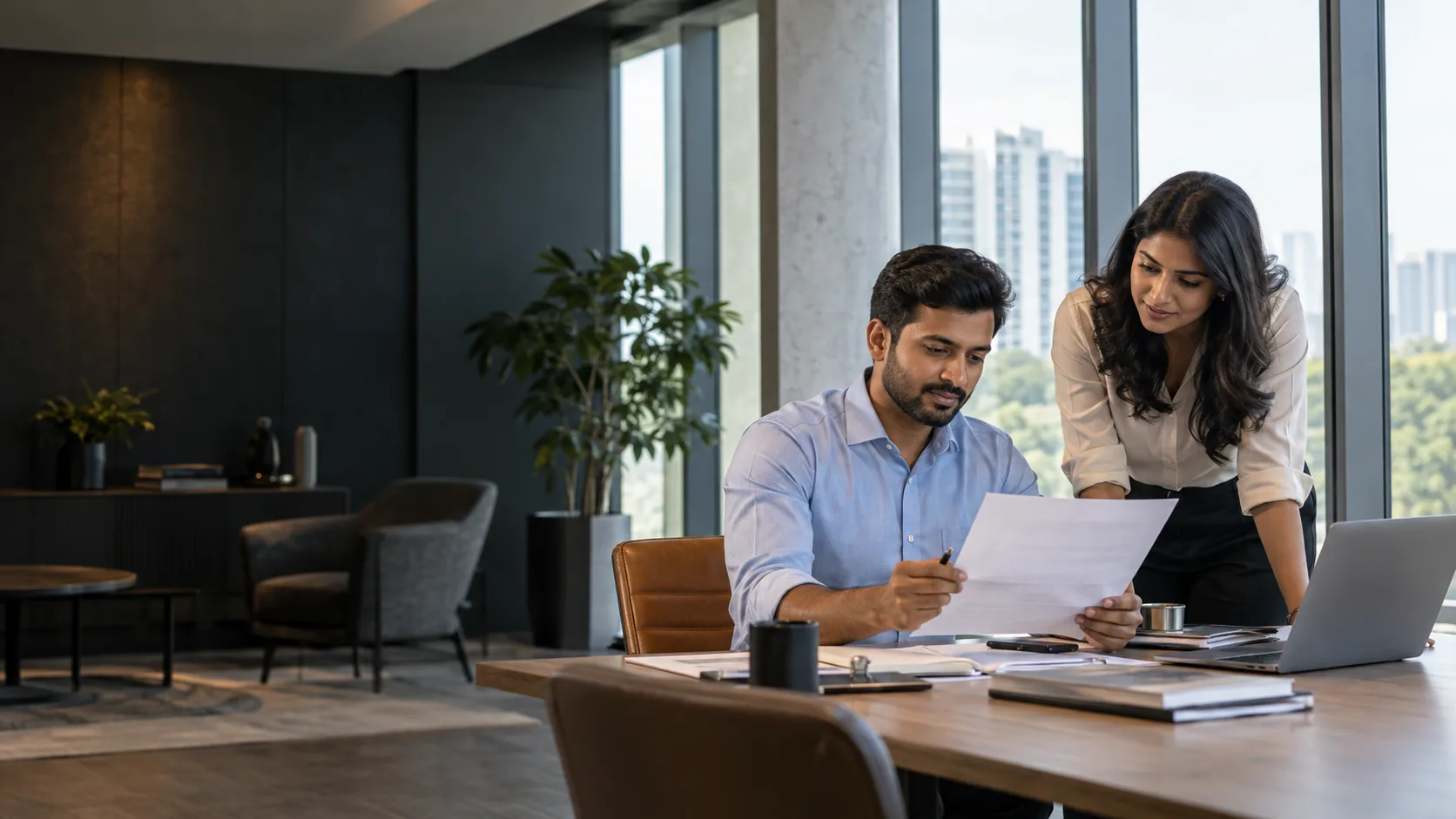 Illustrative scene of a client and advisor reviewing financial documents together